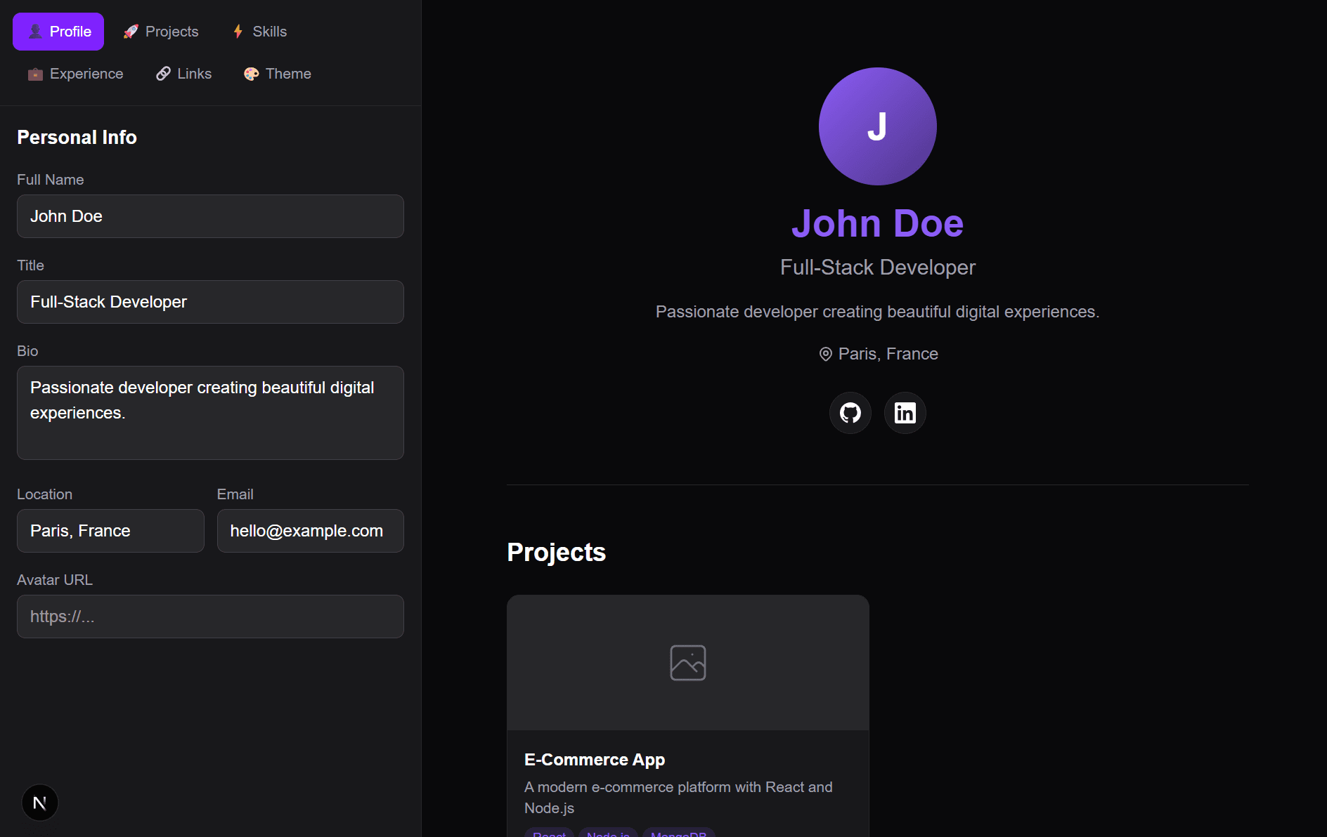Aperçu du projet Portfolio Builder